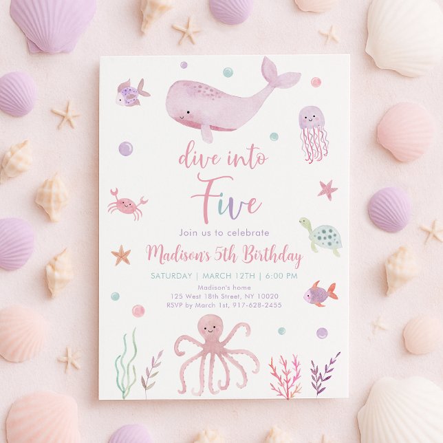 Pink Pastel Under the Sea 5th Birthday Invitation (Creator Uploaded)