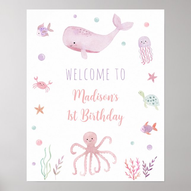 Pink Pastel Under the Sea Birthday Welcome Poster (Front)