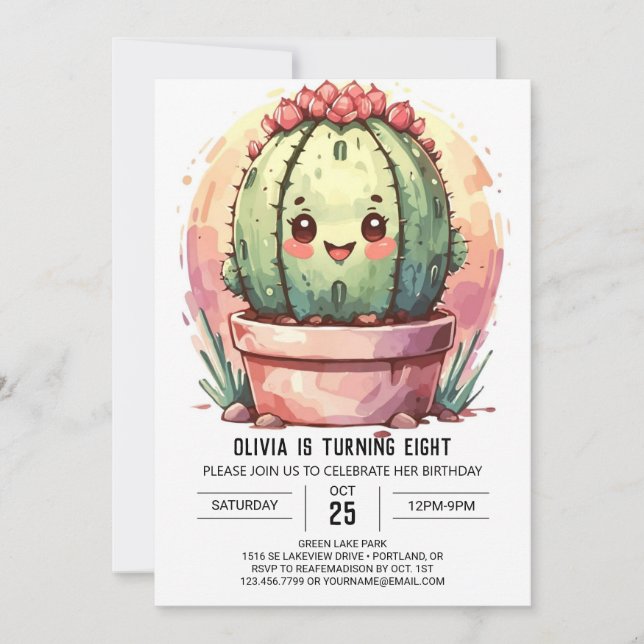 Pink Pastel Watercolor Cactus Girl Birthday Invitation (Front)