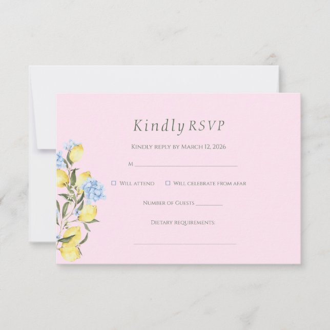 Pink Pastel Watercolor Citrus Wedding RSVP Card (Front)