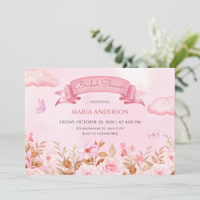 Pink pastel watercolor floral garden bridal shower invitation (Standing Front)