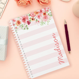 Pink Pastel Watercolor Floral Stripe Personalised Planner