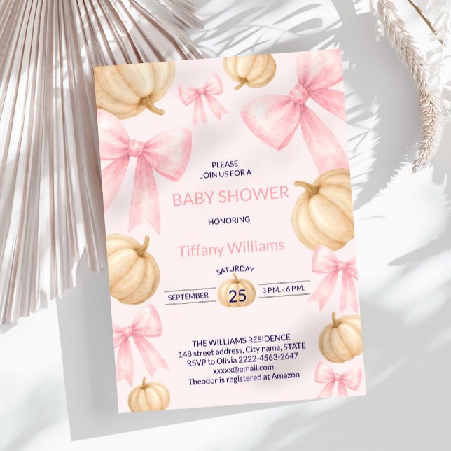 Pink Pastel Watercolor Pumpkin bow ribbon Invitation (Pink bow little pumpkin girl baby shower invitation )