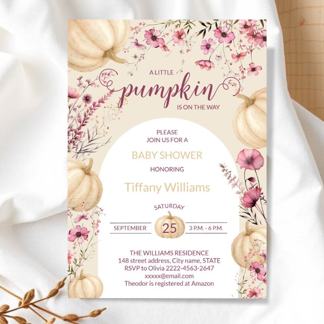 Pink Pastel Watercolor Pumpkin fall wild flowers Invitation (Pink and beige Rustic Pumpkin Baby Shower Invitation | Neutral Fall Floral Autumn Theme)