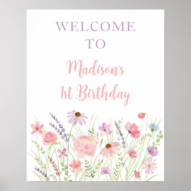 Pink Pastel Wildflower Meadow Baby Shower Welcome Poster (Front)