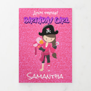Pink Pastle Glitter Pirate Girl 1st Birthday Tri-Fold Card
