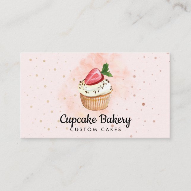 Pink Pastry Watercolor Strawberry Cupcake Business Card (Front)