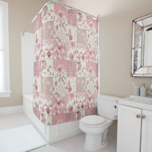 Pink Patchwork Quilt Rustic Floral Retro Shower Curtain
