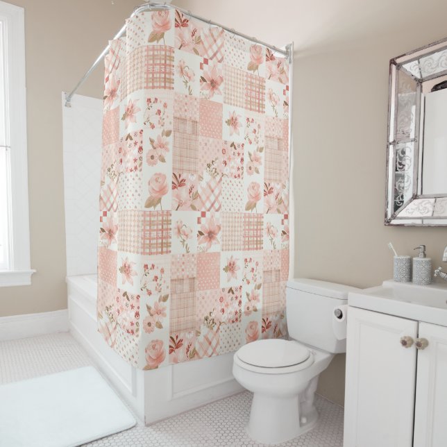 Pink Patchwork Quilt Rustic Floral Retro  Shower Curtain (In Situ)