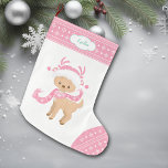 Pink Pattern Santa Deer with Scarf Large Christmas Stocking<br><div class="desc">Here's a cute personalised Holiday stocking that any little girl will love! The front features a little brown deer wearing a pink and white snowflake pattern scarf and a Santa hat. The image is placed on a white background, and the toe and top border are a matching snowflake pattern. On...</div>