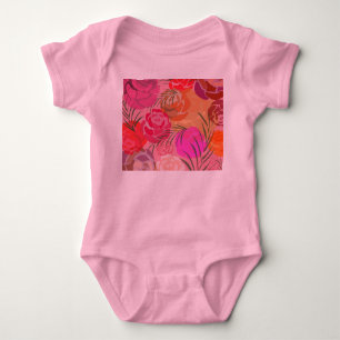 Pink pattern with flowers and plants baby bodysuit