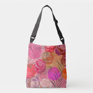 Pink pattern with flowers and plants crossbody bag