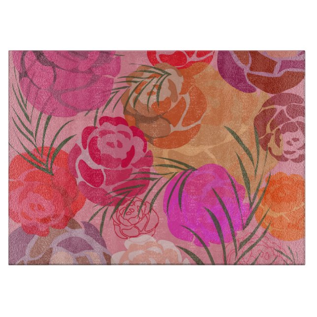 Pink pattern with flowers and plants cutting board (Front)