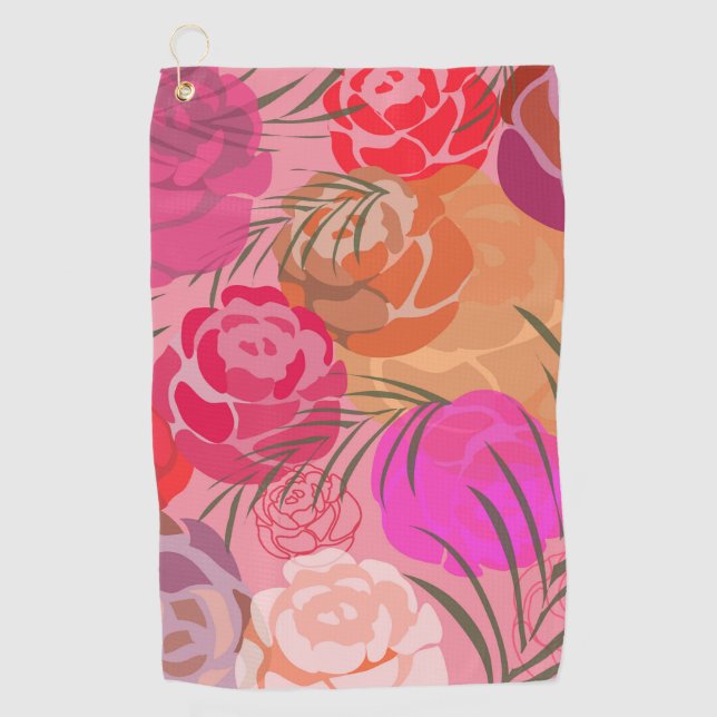 Pink pattern with flowers and plants golf towel (Front)