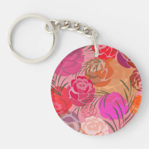 Pink pattern with flowers and plants keychain