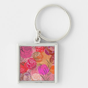 Pink pattern with flowers and plants keychain