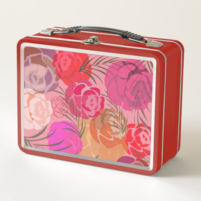 Pink pattern with flowers and plants metal lunch box (Front)