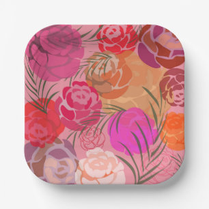 Pink pattern with flowers and plants napkins paper plate