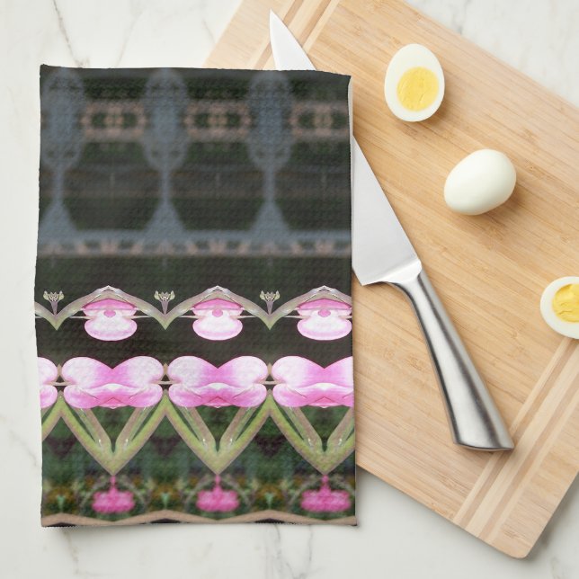 Pink patterned with green tea towel (Quarter Fold)