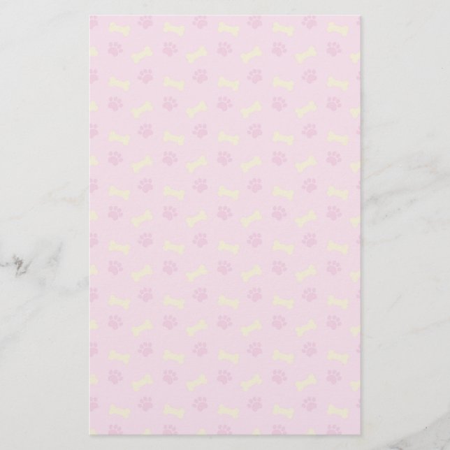 Pink Paw Print Bone Pattern Stationery (Front)