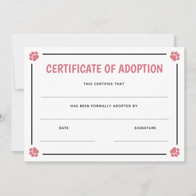 Pink Paw Print Frame Pet Certificate of Adoption (Front)