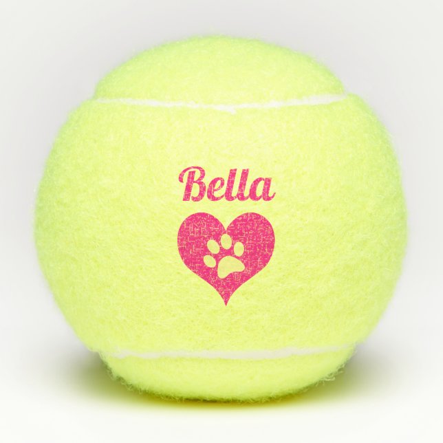 Pink Paw Print Heart Dogs Name Personalised Tennis Balls (Front)