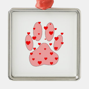 Pink Paw Print With Hearts Metal Tree Decoration