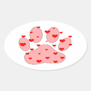 Pink Paw Print With Hearts Oval Sticker