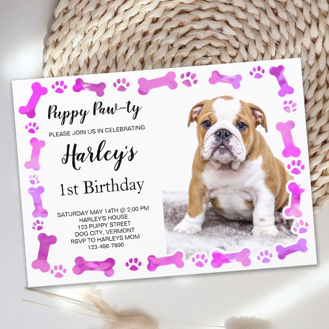 Pink Paw Prints Bones Puppy Dog Birthday Invitation (Creator Uploaded)