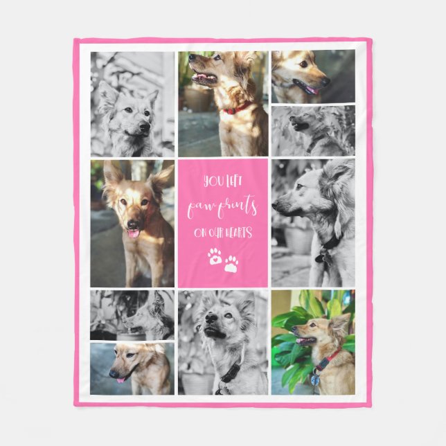 Pink Paw Prints On Our Hearts Pet Memorial Collage Fleece Blanket (Front)