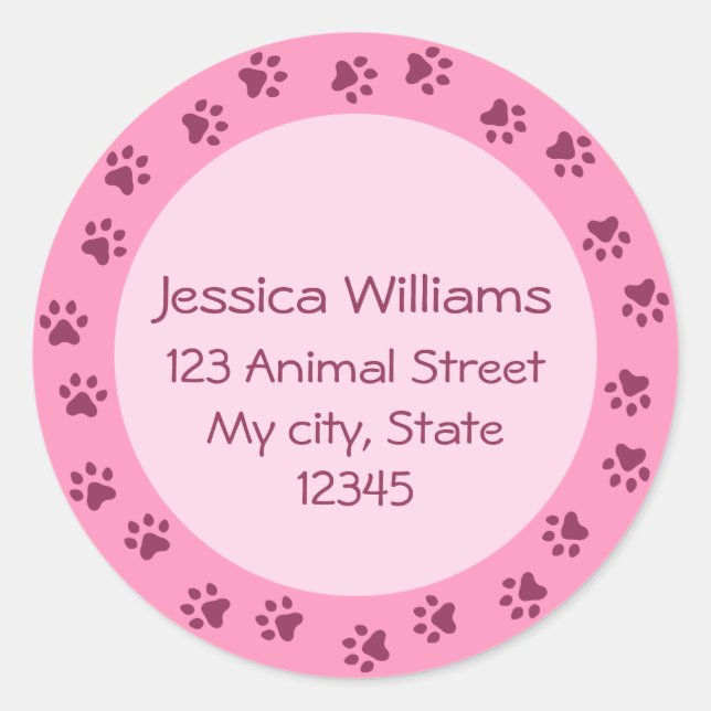 Pink pawprint circle address label, darker border classic round sticker (Front)