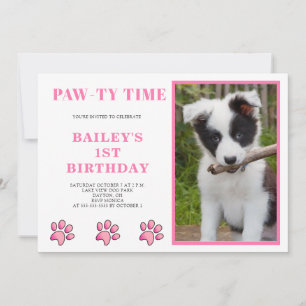 Pink Pawty Time Dog Birthday  Invitation