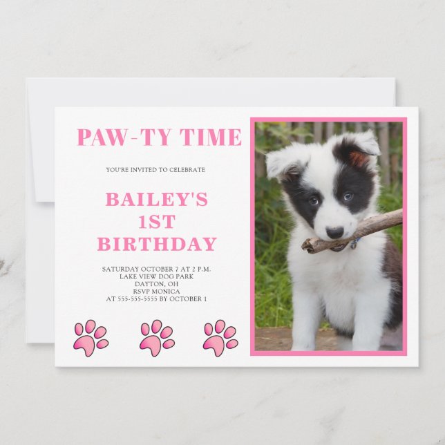 Pink Pawty Time Dog Birthday  Invitation (Front)