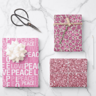 Pink Peace Love Leopard Glitter   Wrapping Paper Sheet
