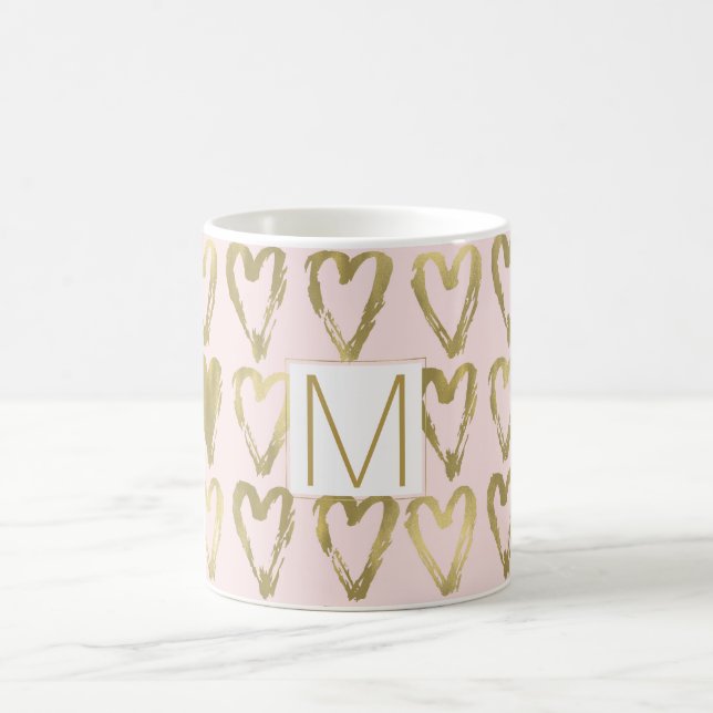 Pink Peach and Gold Hearts Monogram Coffee Mug (Center)