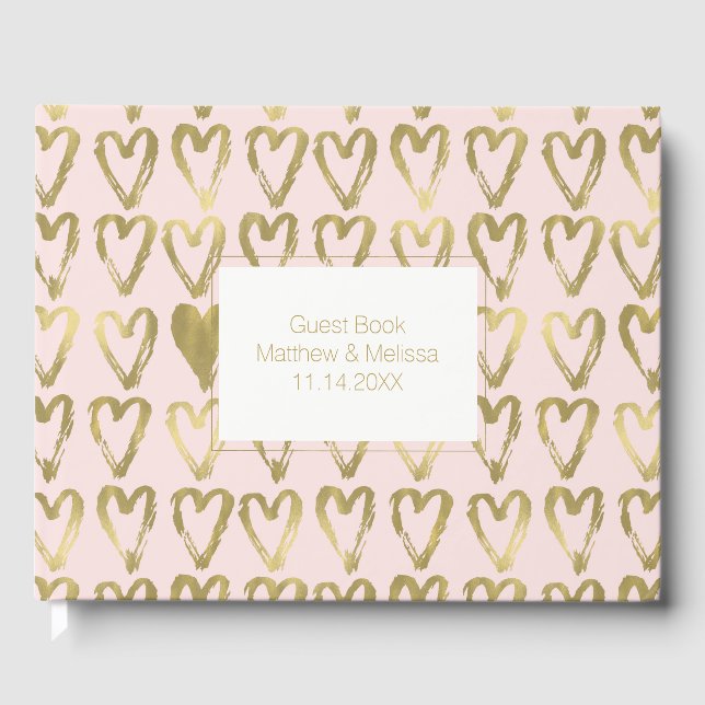 Pink Peach and Gold Hearts Wedding Guest Book (Front)