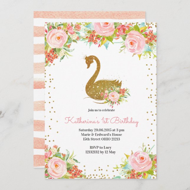 Pink Peach and Gold Swan Birthday Invitation (Front/Back)