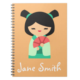 Pink peach aqua Kokeshi Japanese dolls Notebook