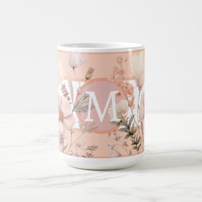 Pink & Peach Beautiful Wildflowers Monogram  Coffee Mug (Center)