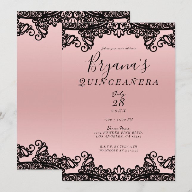 Pink Peach Black Ink Lace 15th Quinceañera Party Invitation (Front/Back)