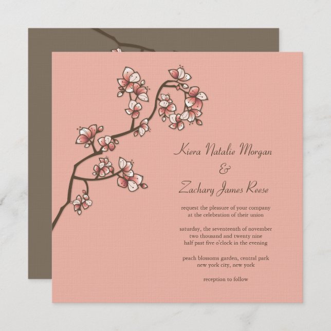Pink Peach Blossoms Sakura Chinese Wedding Invite (Front/Back)