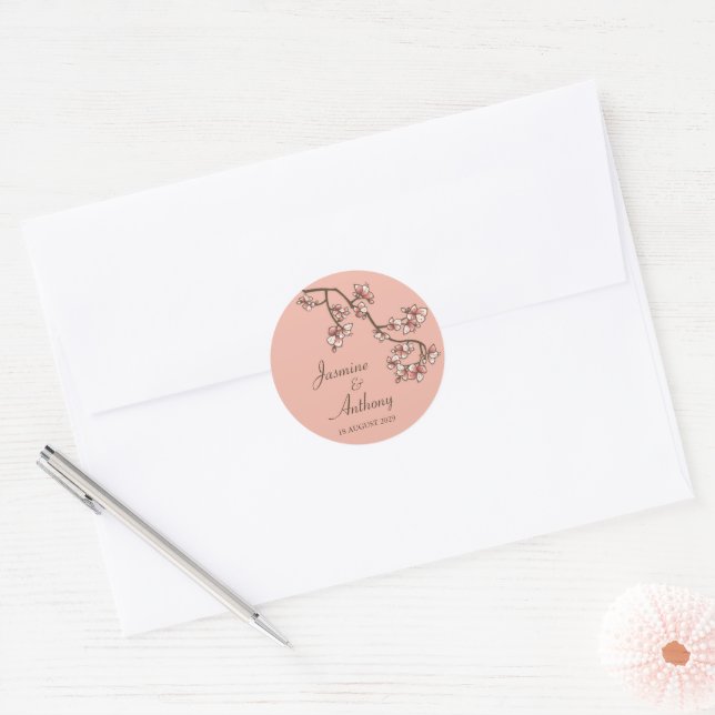 Pink Peach Blossoms Sakura Modern Asian Wedding Classic Round Sticker (Envelope)