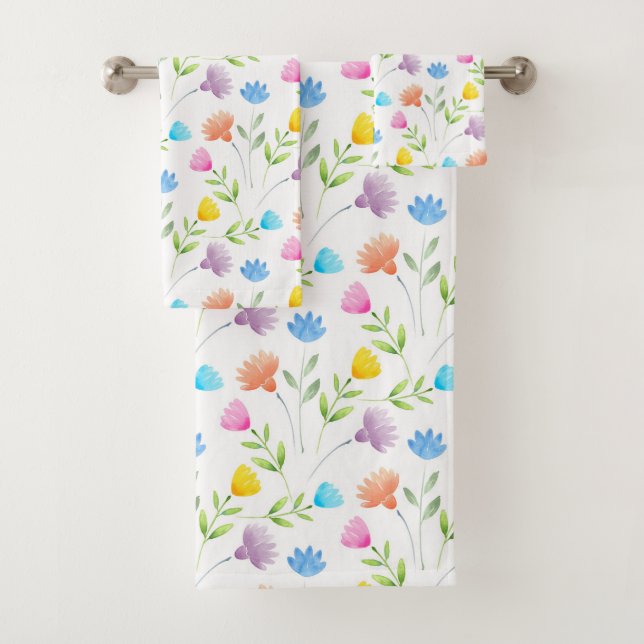 Pink Peach Blue Yellow Plum Floral Pattern Bath Towel Set (Insitu)