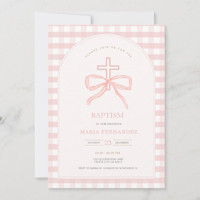 Pink Peach Bow Coquette Christening Invite  (Front)