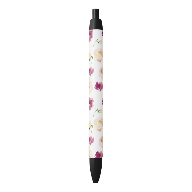 Pink Peach Burgundy Watercolor Floral Black Ink Pen (Front Vertical)