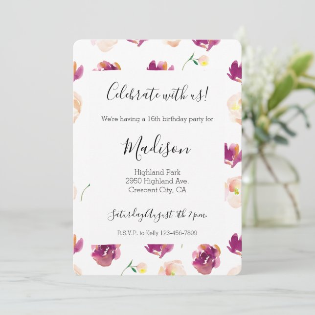 Pink Peach Burgundy Watercolor Flowers Invitation (Standing Front)