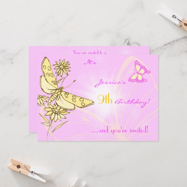 Pink Peach Butterfly Invitation Card (Front/Back In Situ)
