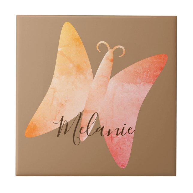 Pink Peach Butterfly Personalised Name Tile (Front)