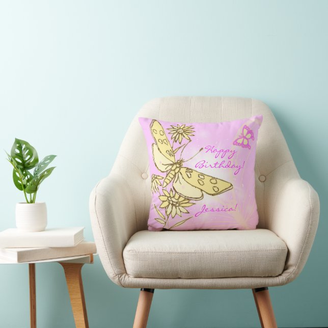 Pink Peach Butterfly Throw Pillow (Chair)