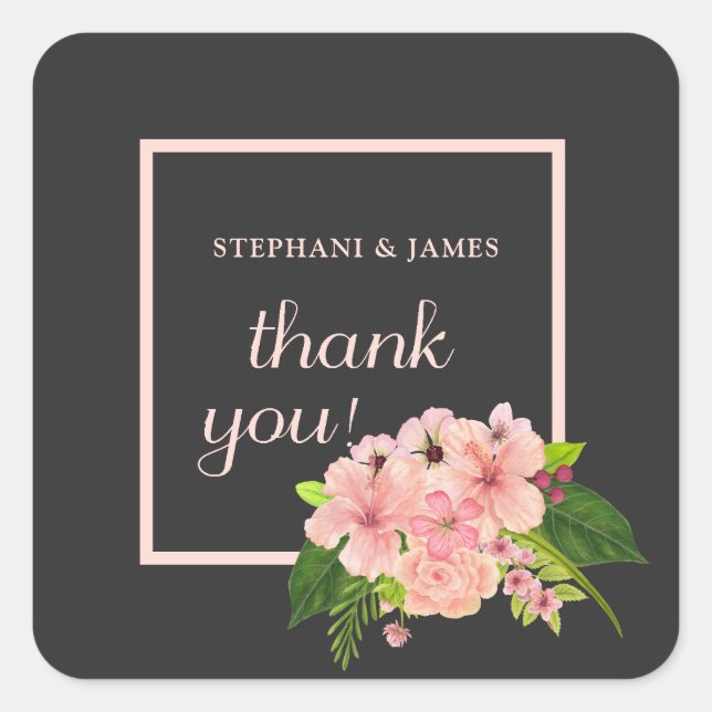 Pink Peach & Charcoal Tropical Floral Thank You Square Sticker (Front)